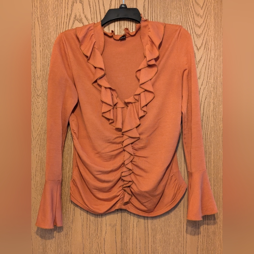 BAE Ruffle Trim Burnt Orange Flounce Sleeve Women's Top